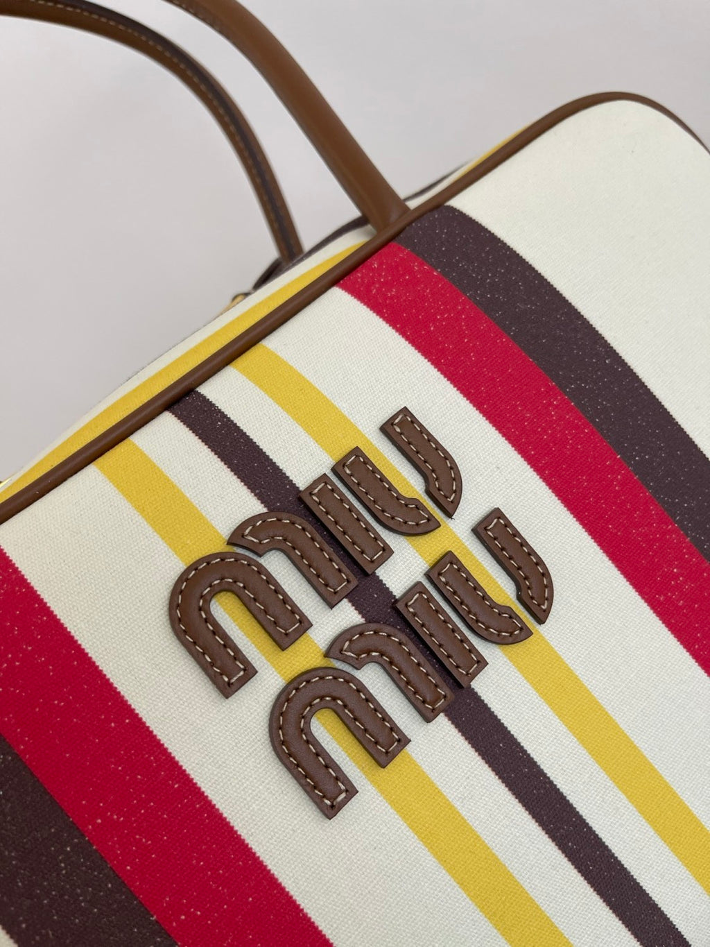 MiuMiu Beau Women's Embroidered Logo Print Striped Canvas And Calfskin Handbag Shoulder Bag Bags #77933
