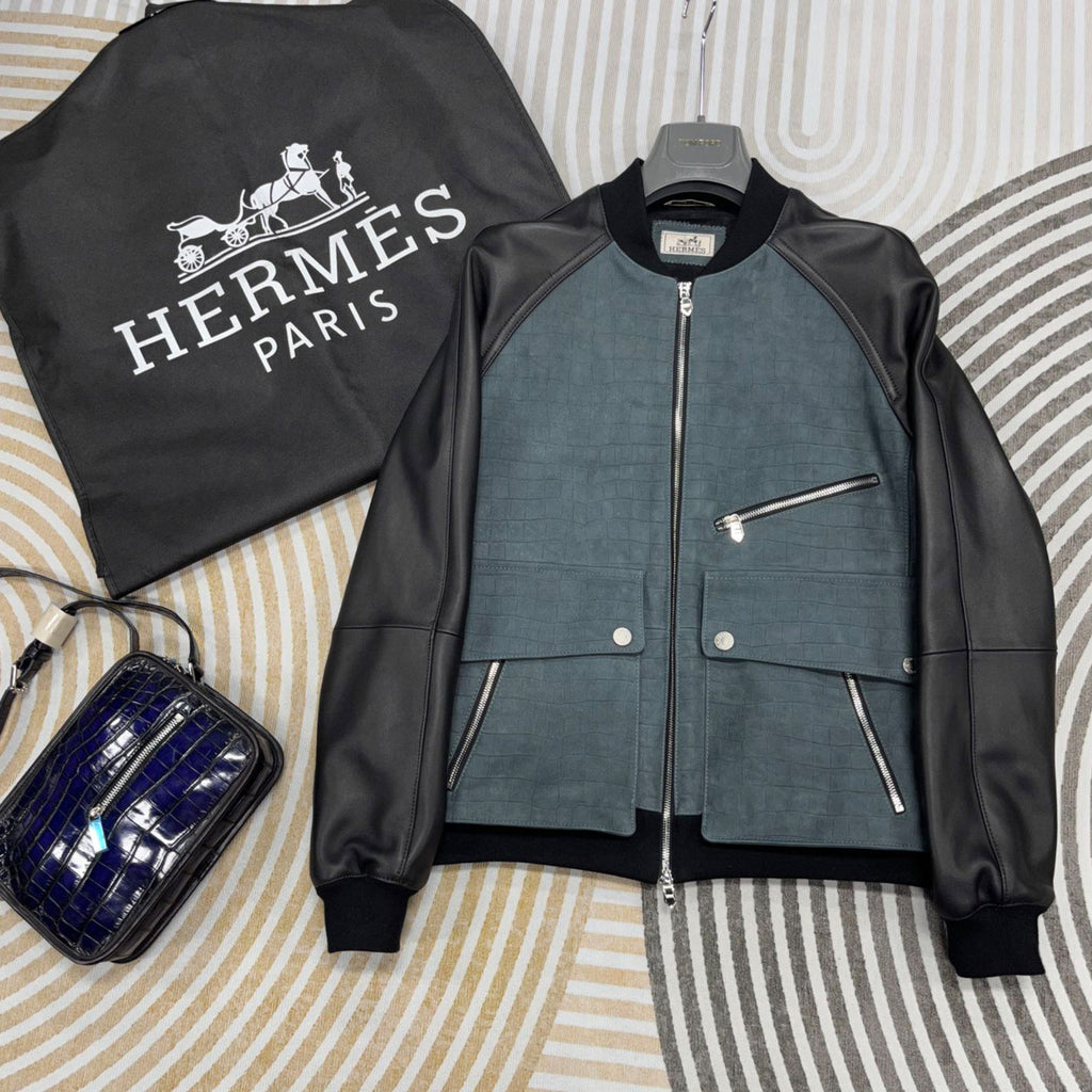 Hermes Men's Autumn And Winter Frosted Crocodile Pattern Cowhide Patchwork Sheepskin Baseball Leather Jacket #71231