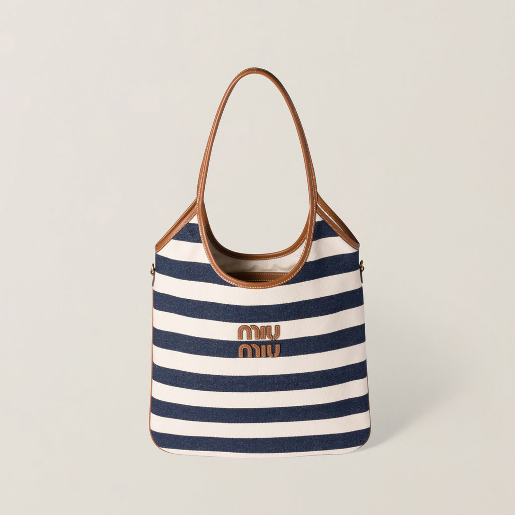 MiuMiu IVY Women's Embroidered Letter Print Striped Canvas and Leather Handbag Tote Bag Bags #77934