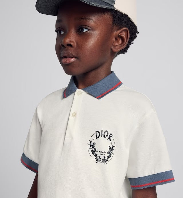 Dior Kid's Summer Logo Letter Print Striped Cotton Short Sleeve Lapel White Polo Shirt #31251
