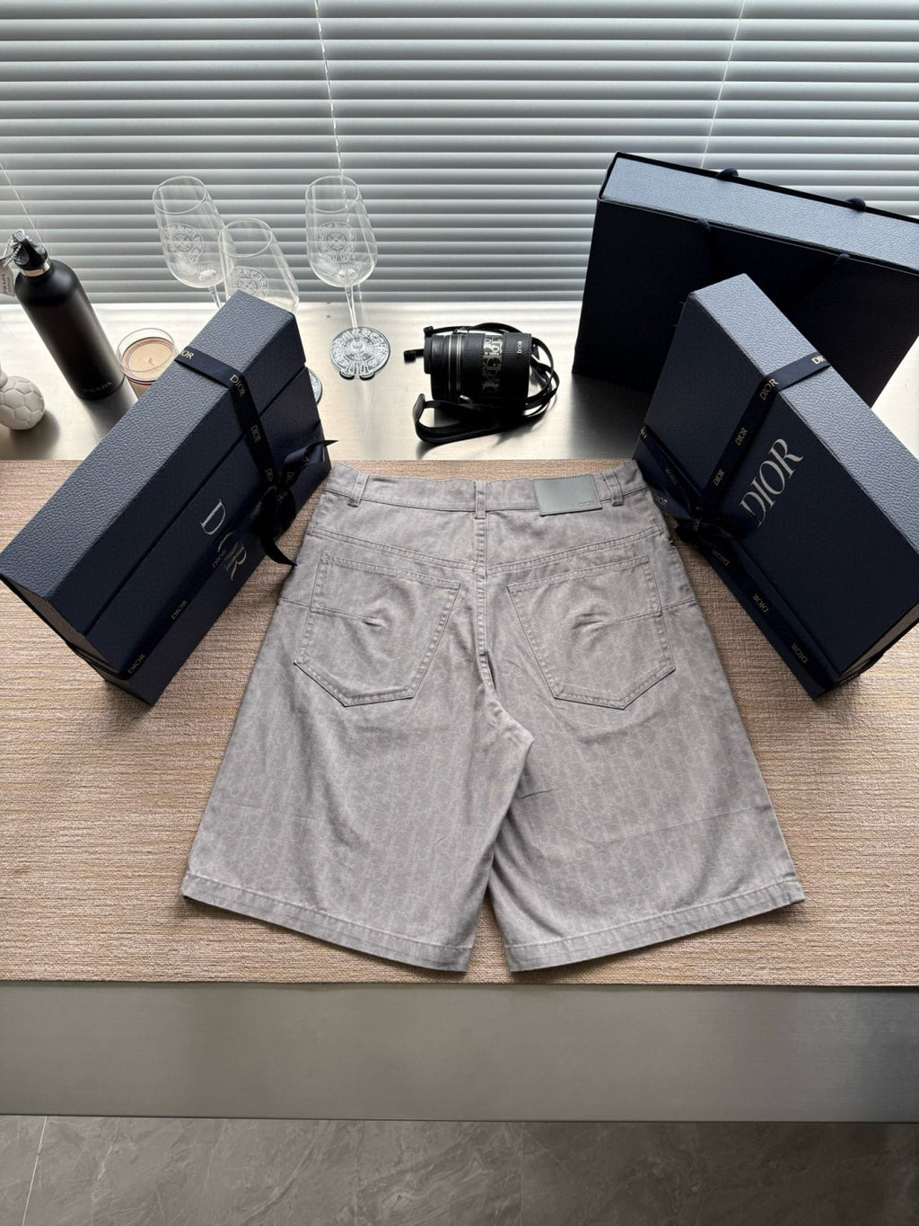 Dior Men's Spring Summer Grey Cotton Denim Oblique Printed Lapel Single Breasted Shirt Denim Straight Wide Leg Shorts Set Suit  #81256