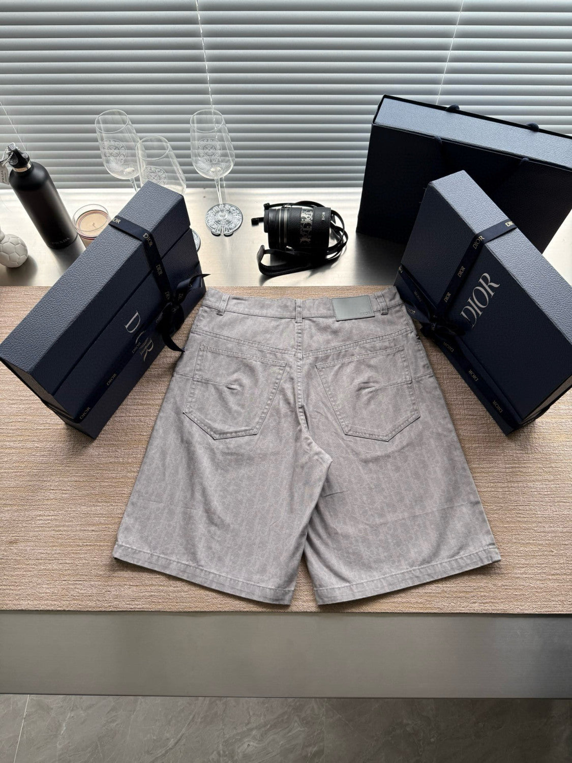 Dior Men's Spring Summer Grey Cotton Denim Oblique Printed Lapel Single Breasted Shirt Denim Straight Wide Leg Shorts Set Suit  #81256