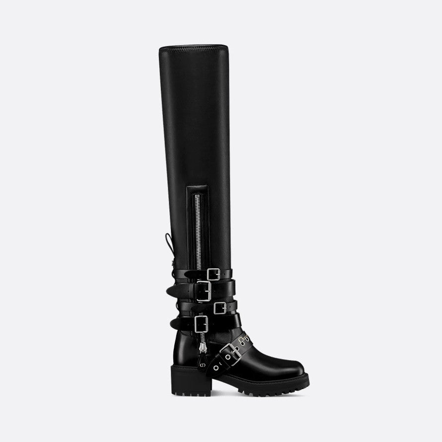 Dior D-Fight Women's Fall/Winter Classic Fashion Round-Toe Zipper Chunky Heel Leather Over-the Knee Boots Shoes #78766