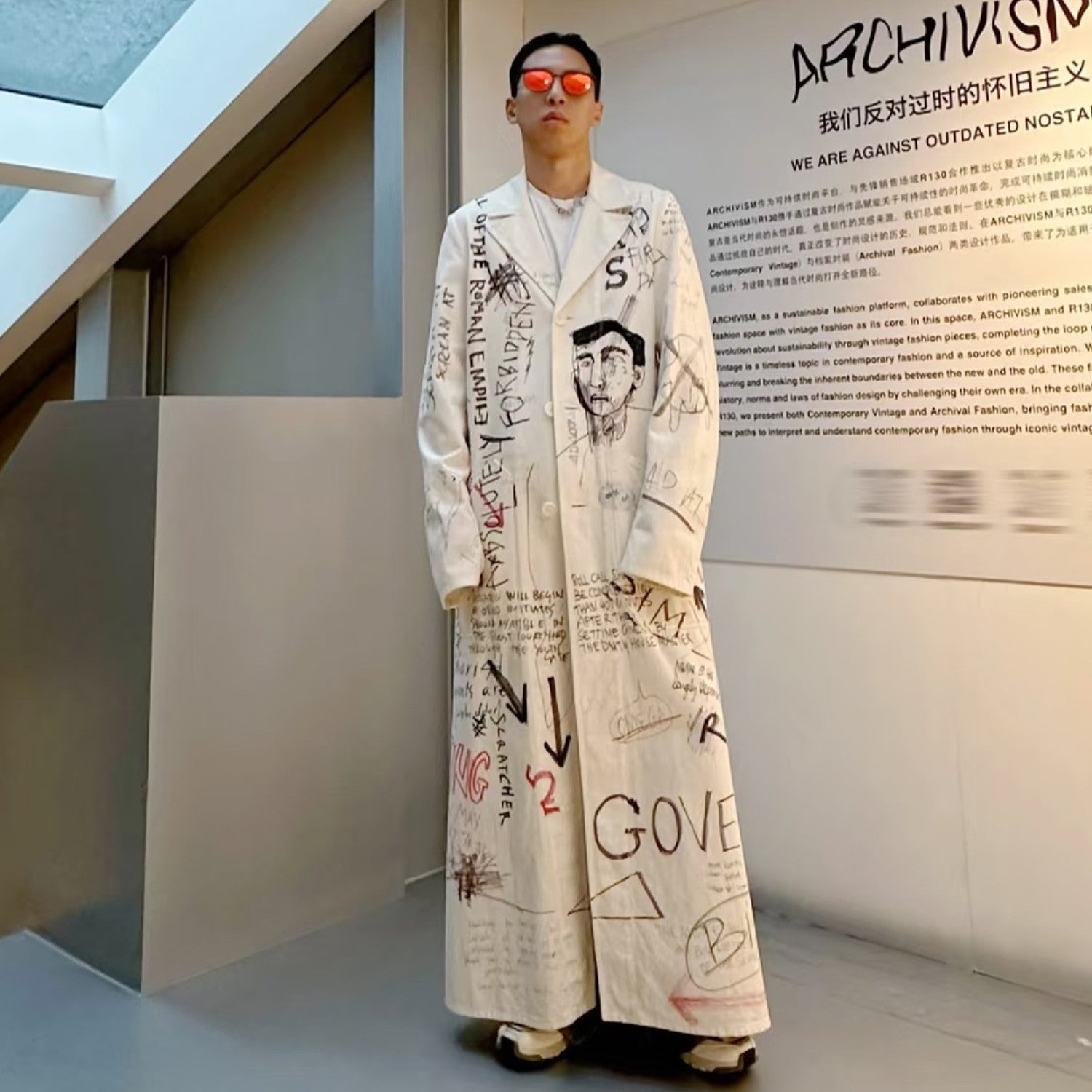 Raf Simons Men's Spring And Autumn Hand-painted Graffiti Long Trench Coat Jacket High Street Trend Hip-hop Personality Trench Coat Ngvp #1659