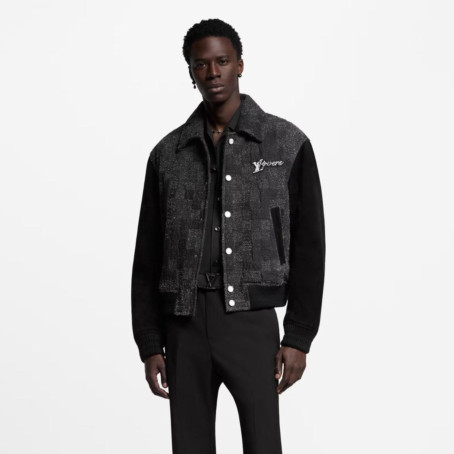 Louis Vuitton Men's Spring/Autumn Mixed Leather Jacket Checkered Solid Color Baseball Collar Long Sleeve Waistcoat Jacket #81478
