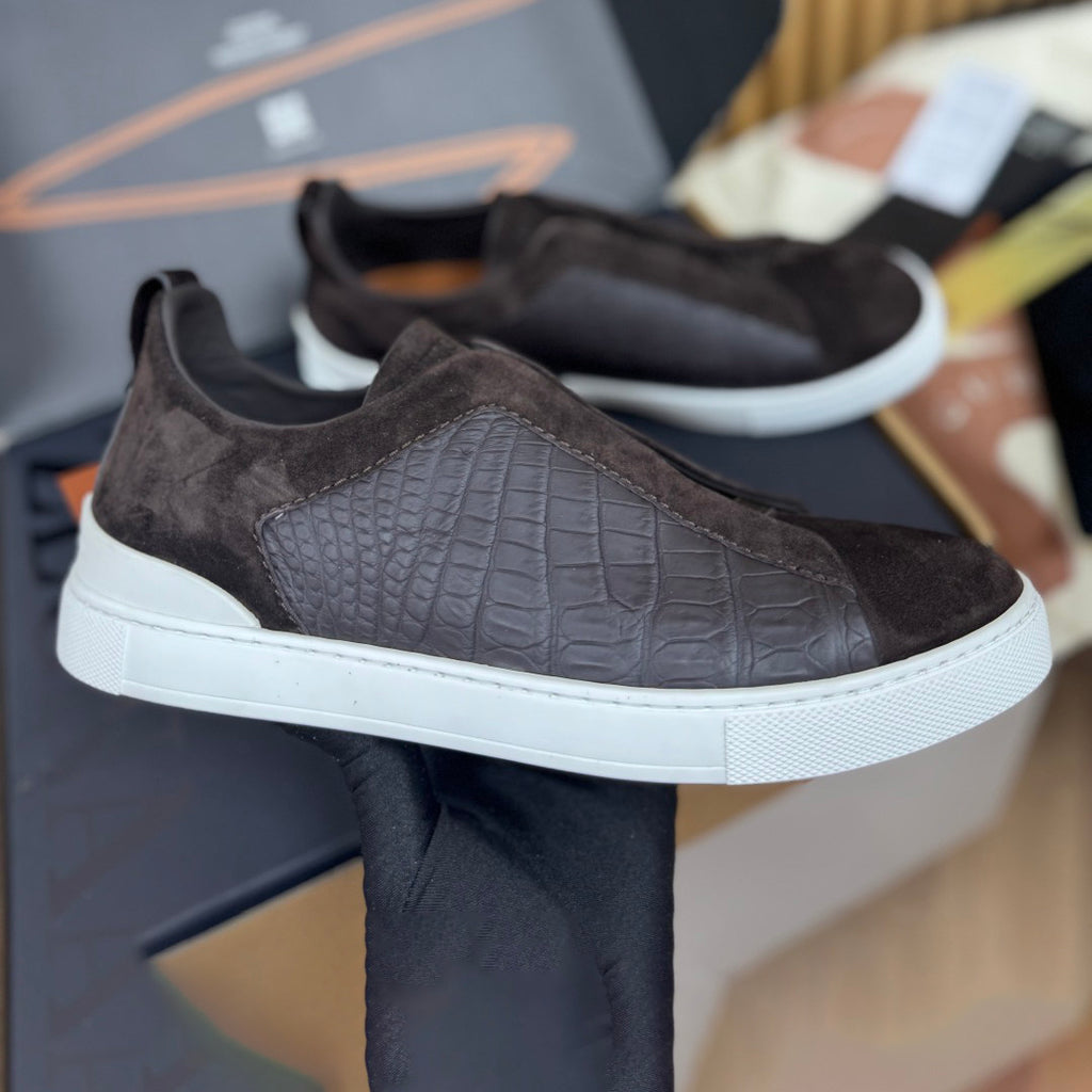 Ermenegildo Zegna Men's Fashion Classic Round Toe Slip On Flat Low Top Crocodile Leather Suede Patchwork Luxury Business Casual Shoes #79375