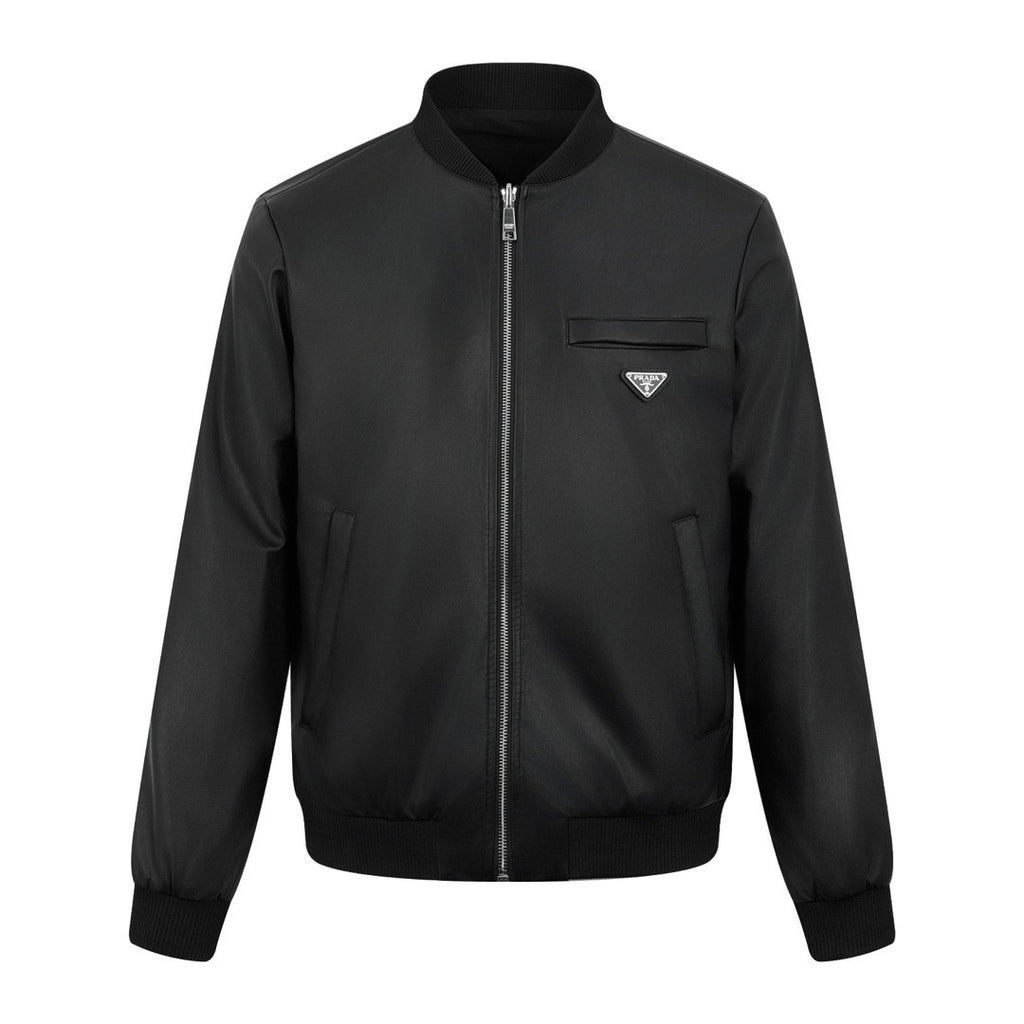Prada Men's Fall/Winter Fashion Classic Solid Color Leather Crew Neck Zip Up Reversible Leather Plain Weave Jacket #79345