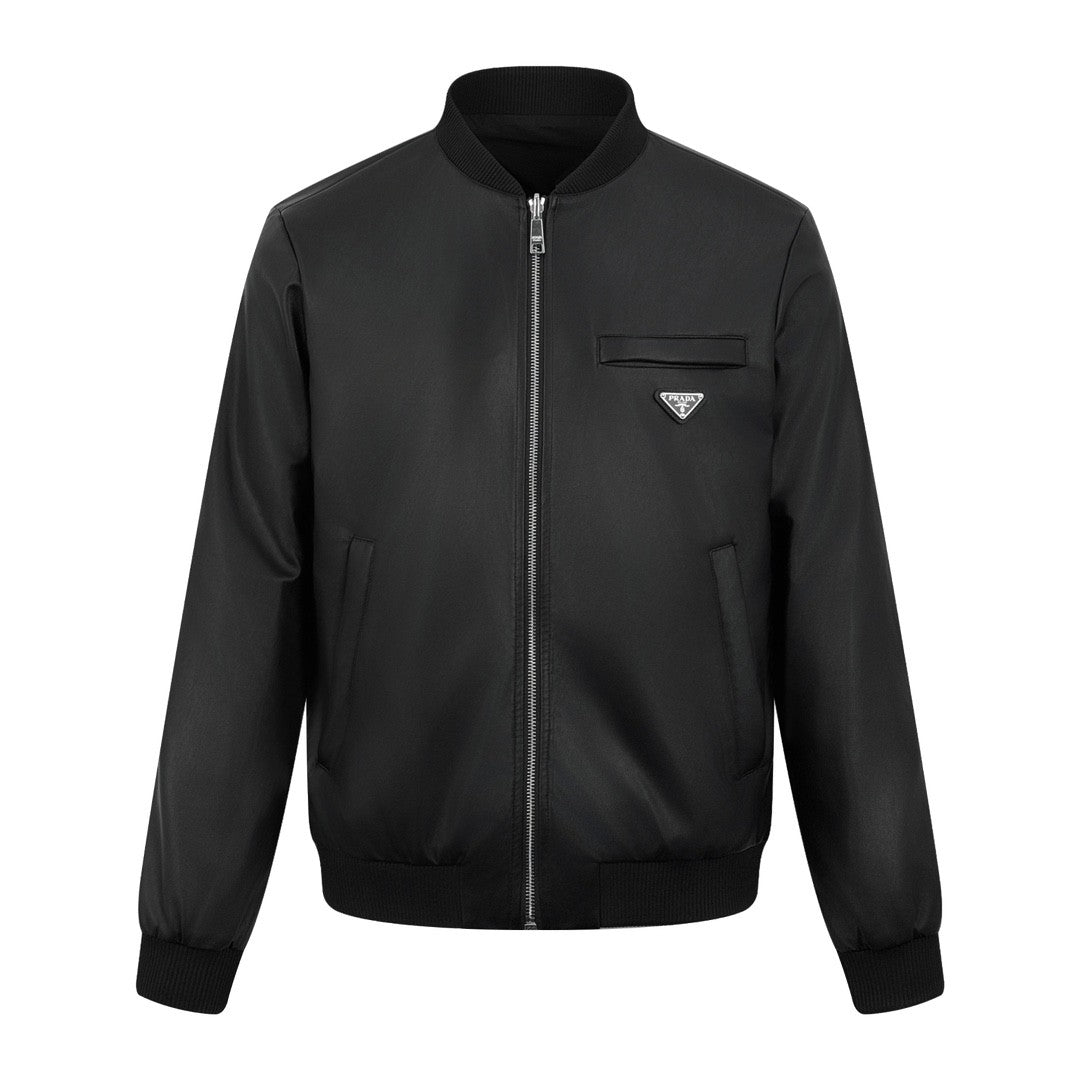 Prada Men's Fall/Winter Fashion Classic Solid Color Leather Crew Neck Zip Up Reversible Leather Plain Weave Jacket #79345