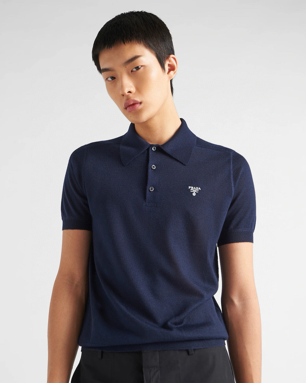 Prada Men's Summer Solid Color Embroidered Logo Wool Knit Polo Shirt Short Sleeve T-Shirt #98532