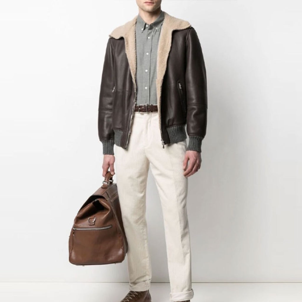 Brunello Cucinelli FW21 Leather And Fur Integrated Pilot Style Coat Leather Jacket Ngvp #6618