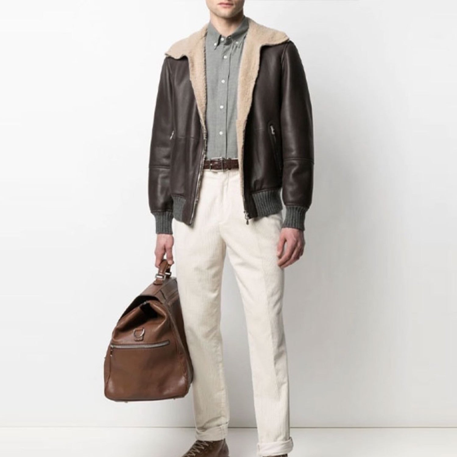 Brunello Cucinelli FW21 Leather And Fur Integrated Pilot Style Coat Leather Jacket Ngvp #6618