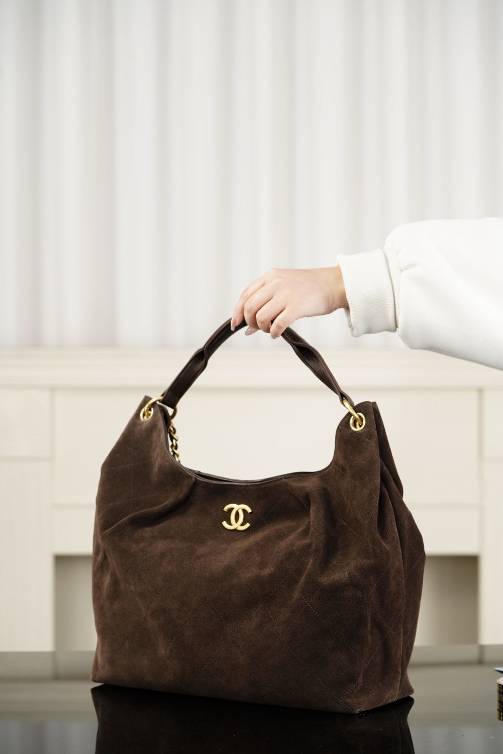 Chanel 26 Early Spring Vacation Series Super Large Hobo Hippie Bags Suede Leather Gold Deep Brown Chain Large Stray Bag #194784
