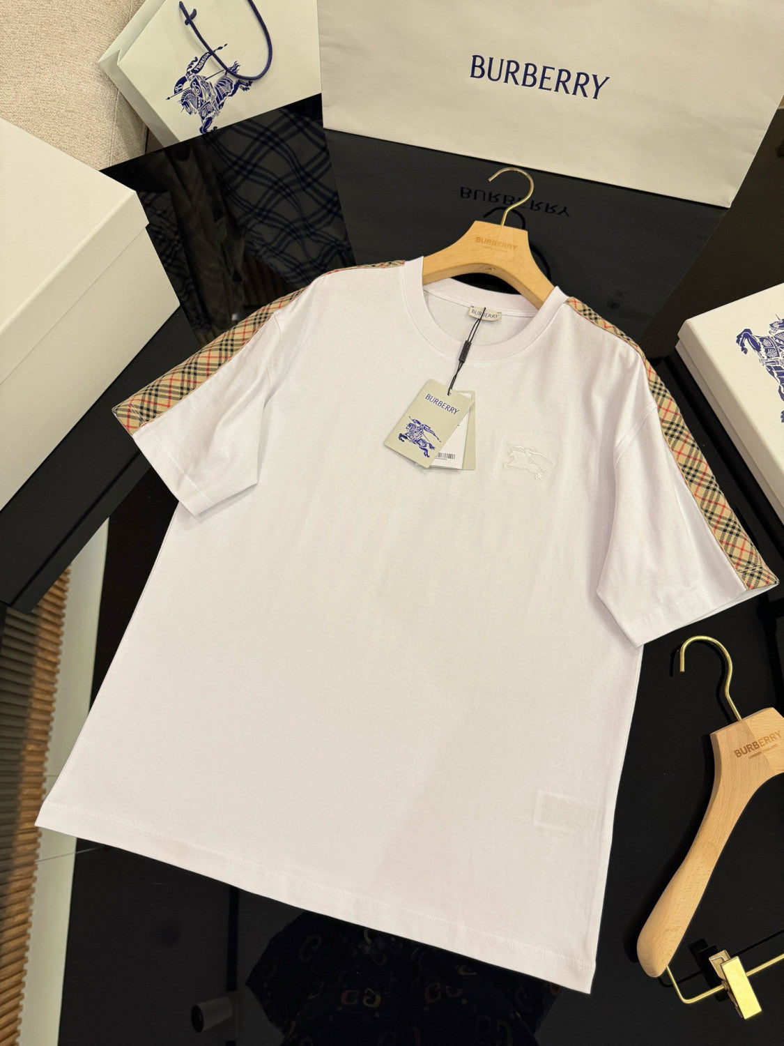 Burberry Men's Summer War Horse Embroidery Check Print Short Sleeve Round Neck T-Shirt #76765
