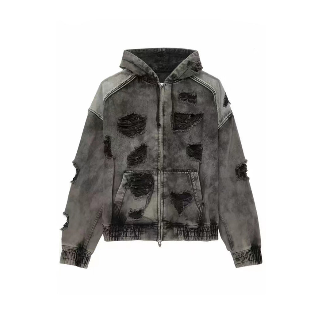 Juun.j Men's And Women's Spring And Fall Fashion Casual Washed And Old Destruction Denim Hooded Zipper Jacket Ngvp #7788