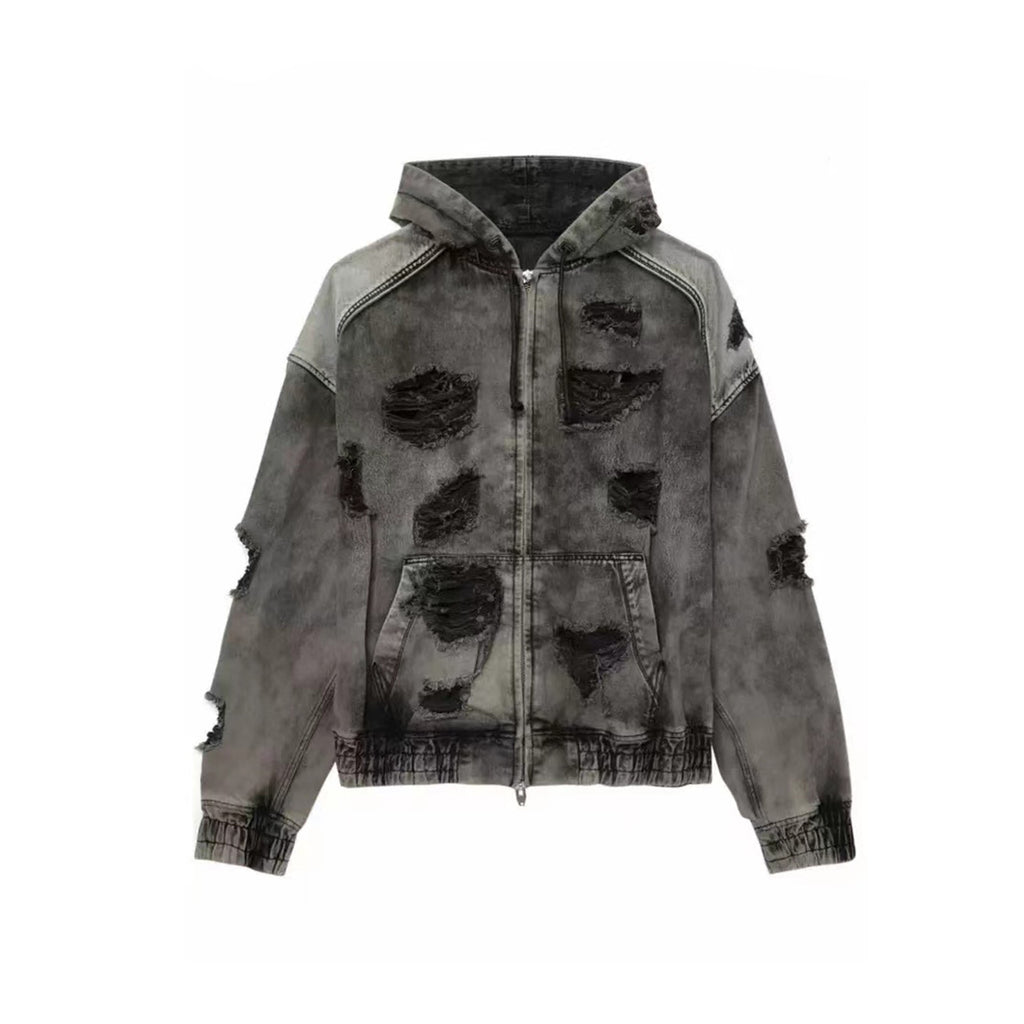 Juun.j Men's And Women's Spring And Fall Fashion Casual Washed And Old Destruction Denim Hooded Zipper Jacket Ngvp #7788