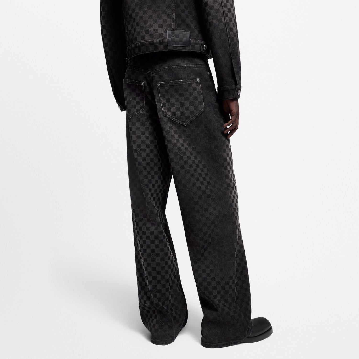 Louis Vuitton Men's Spring Autumn Black Checkered Damier Flocked Suit Lapel Single Breasted Long Sleeve Jacket Straight Wide Leg Trousers Suit Set #81138