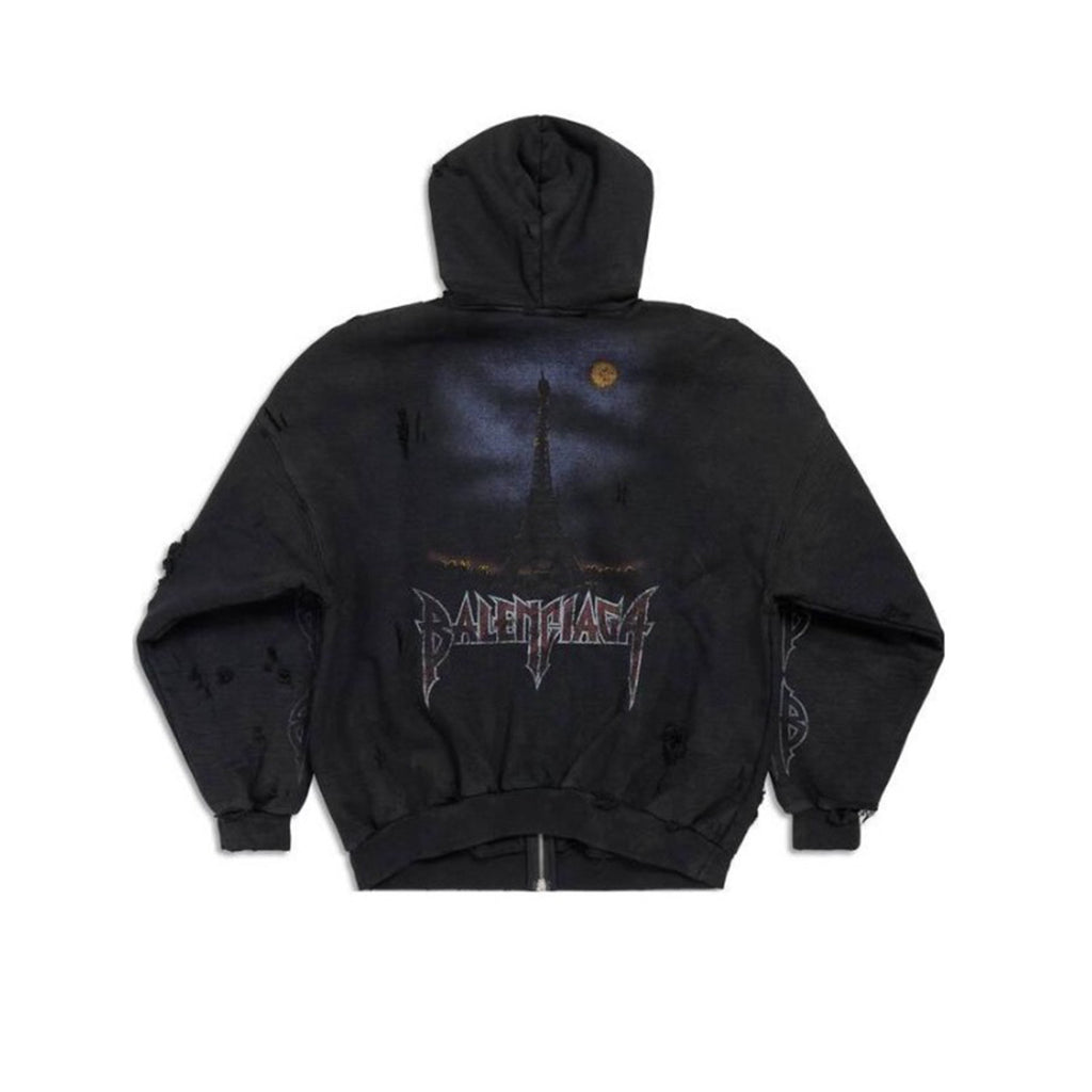Balenciaga Men's Logo Letter Printed Torn Zipper Sweatshirt Loose Fit High Street Trend Dark Style Hooded Sweatshirt #71787
