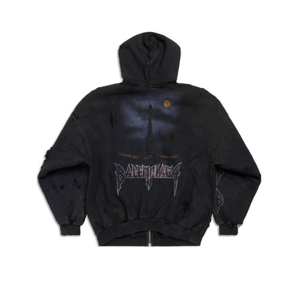 Balenciaga Men's Logo Letter Printed Torn Zipper Sweatshirt Loose Fit High Street Trend Dark Style Hooded Sweatshirt #71787