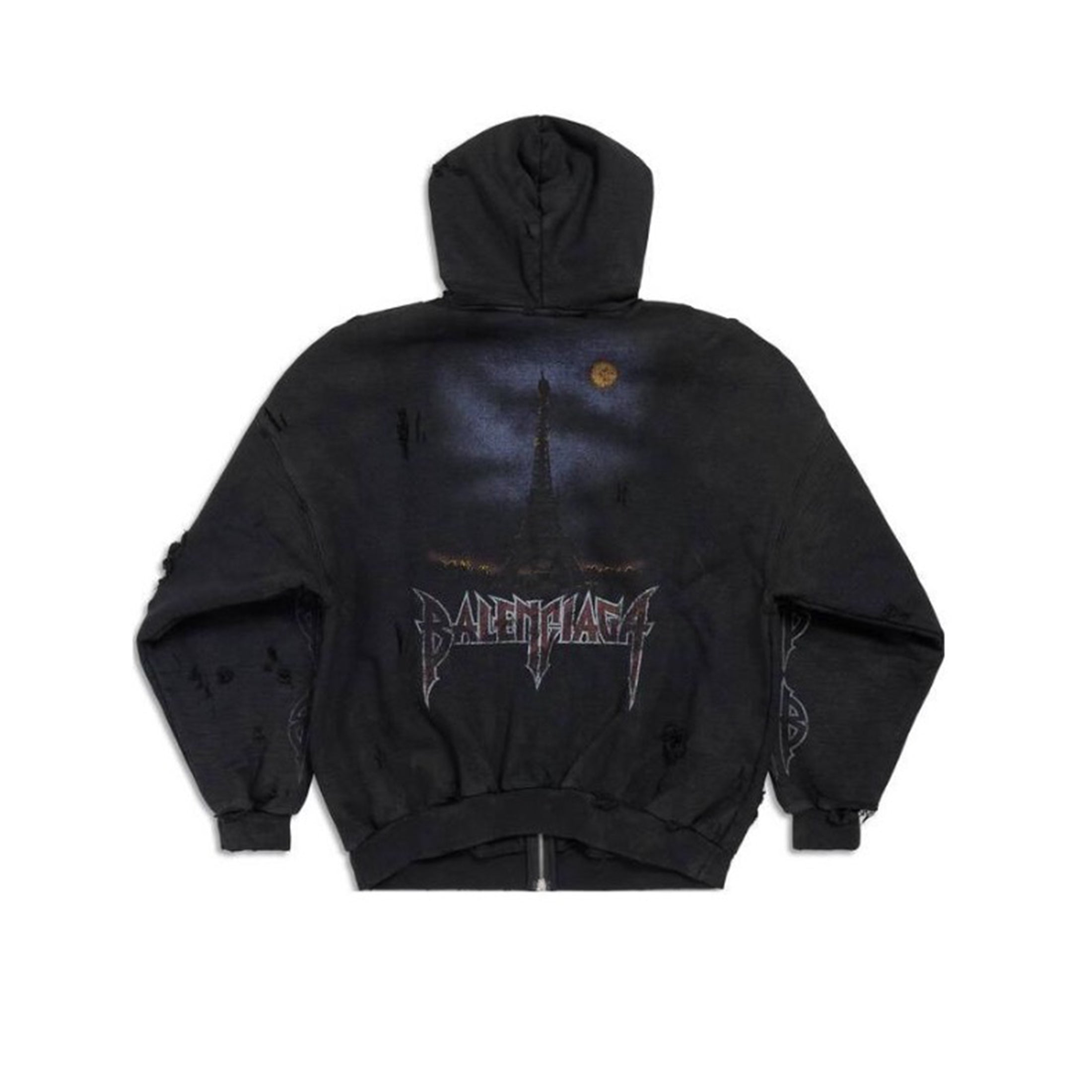Balenciaga Men's Logo Letter Printed Torn Zipper Sweatshirt Loose Fit High Street Trend Dark Style Hooded Sweatshirt #71787
