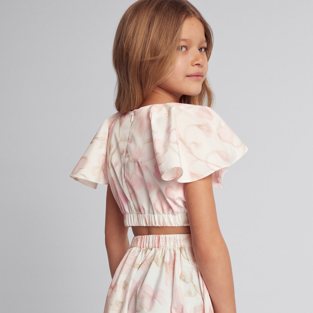 Dior Kid's Summer Floral Print Short Chiffon Top Casual Long Half-body Skirt Set #31315