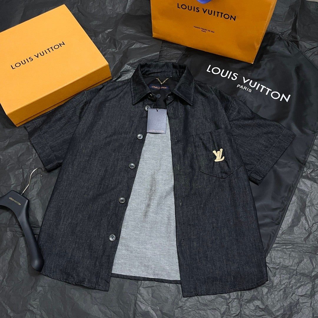 Louis Vuitton Men's Summer Plain Colour Denim Single Breasted Short Sleeved Shirt And Casual Shorts Set Suit #77766