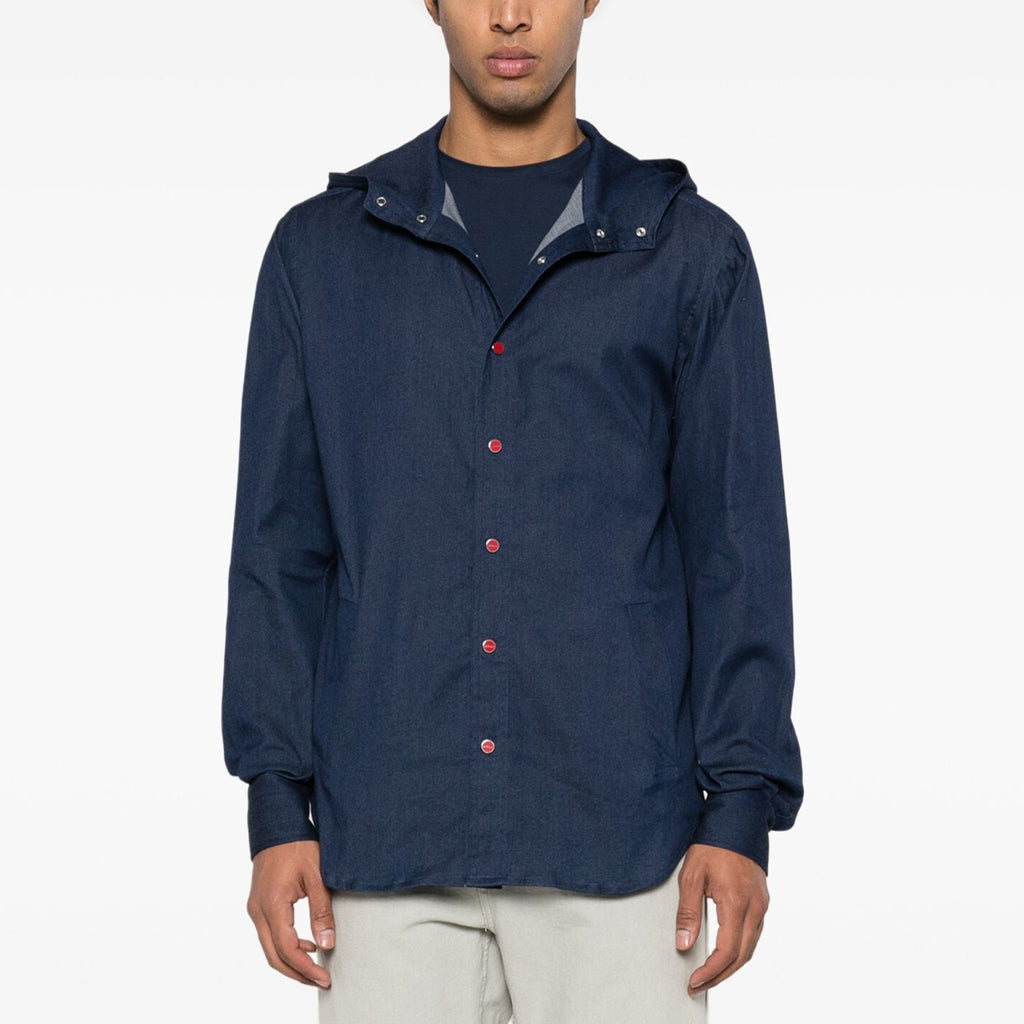 Kiton Men's Spring And Fall Retro Plaid Hooded Shirt Long-sleeved Lapel Buttons Fashion Casual Denim Cotton Shirt Ngvp #8879