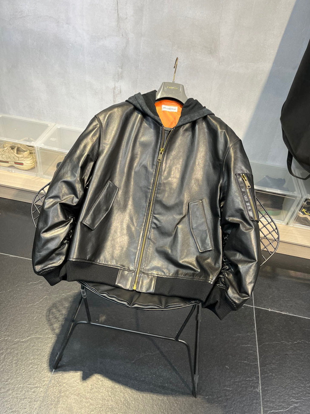 Balenciaga Leather Zip Hooded Jacket #96135