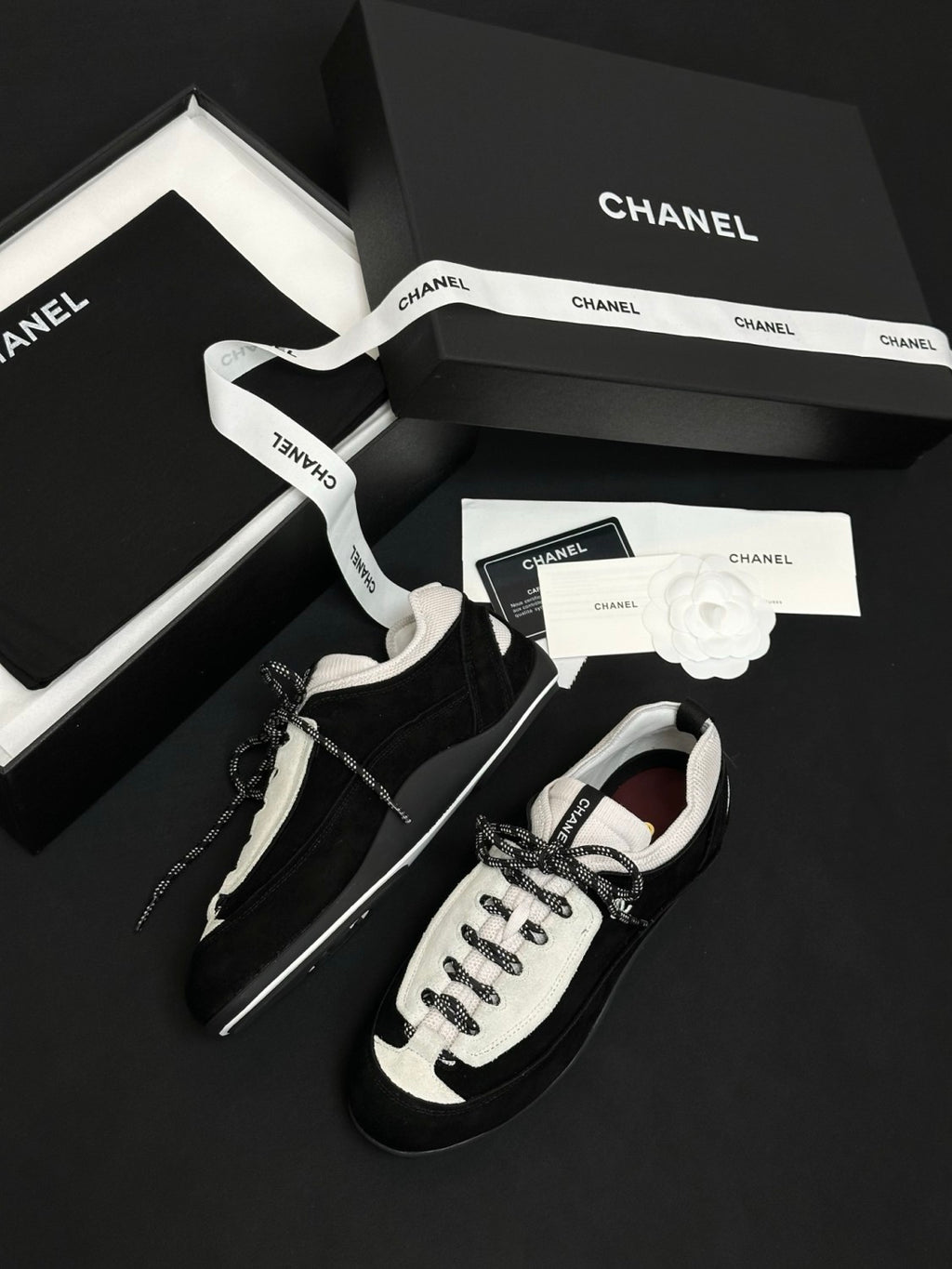 CHANEL Sneakers Velvet Calfskin Mixed Fibers Black White #386496