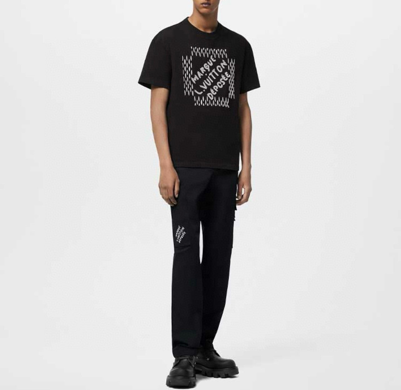 Louis Vuitton Men's Summer Beaded Embroidered Logo Black Round Neck Cotton Short Sleeve T-Shirt #98411