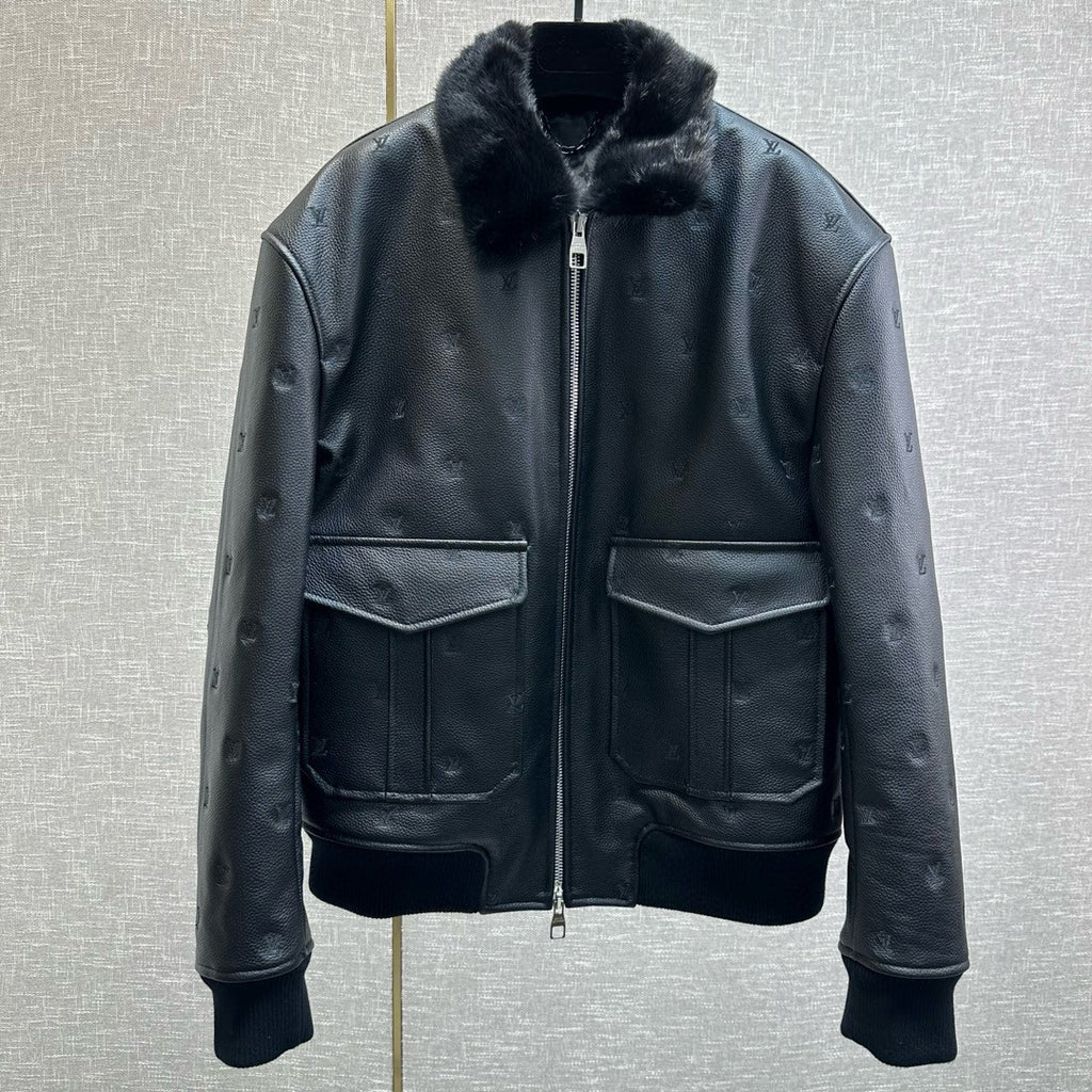 Louis Vuitton Men's Autumn/Winter Logo Embroidery Hair Collar Zip Cowhide Pilot Jacket #99476