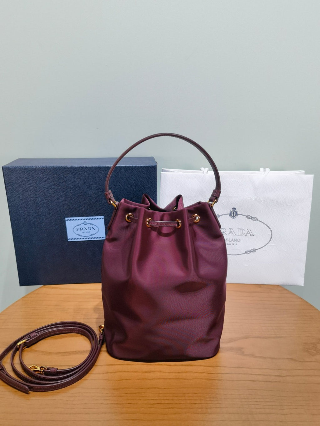 Prada Duet Recycled Nylon Bucket Bag Drawstring Closure Shoulder Bag #332667
