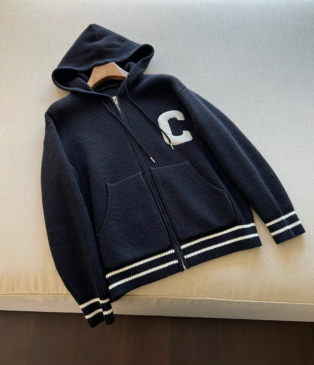 Celine Men's Spring and Autumn Solid Color Knit Hooded Drawstring Zipper Long Sleeve Jacket #75345