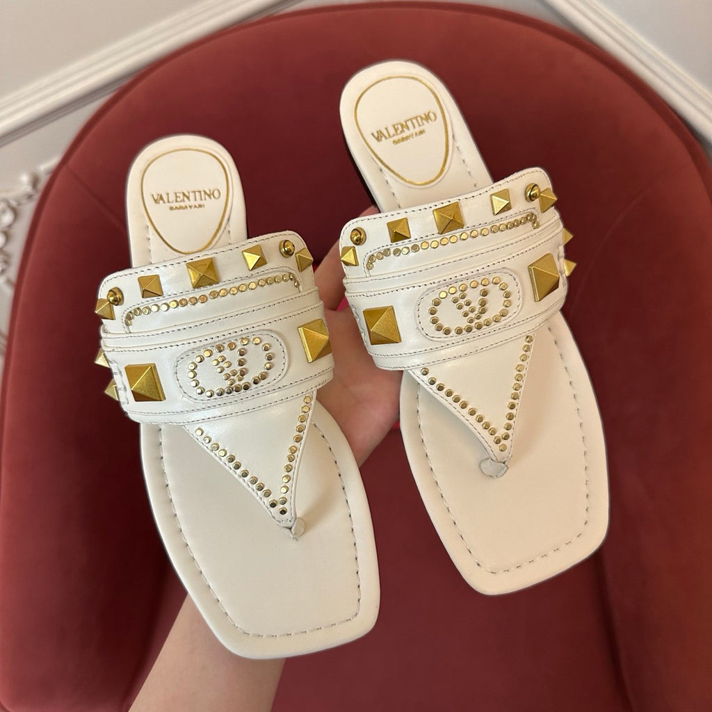 Valentino Women's Summer Solid Color Leather Studded Flat Toe Thong Sandals Slippers Shoes #76982