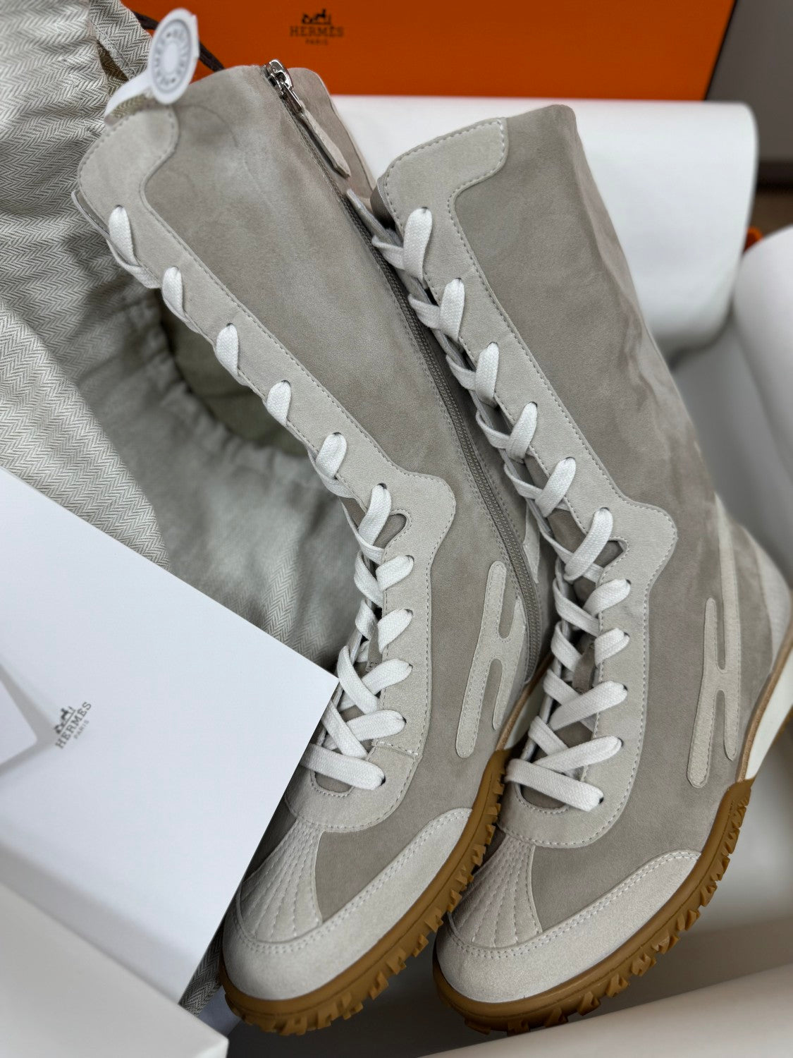Hermes Lace Up Women's Spring/Fall Fashion Casual Round Toe Lace Up Suede High Top Flat Sneakers Shoe #79377