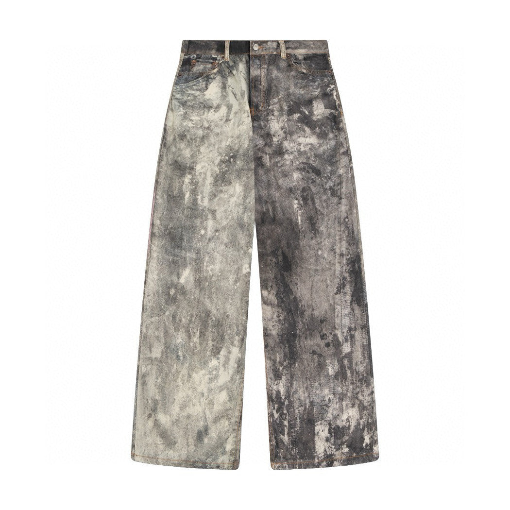 Acne Studios Men's Fall/Winter Ink Splash Print Low Rise Wide Leg Loose Button Jeans Pants #72142