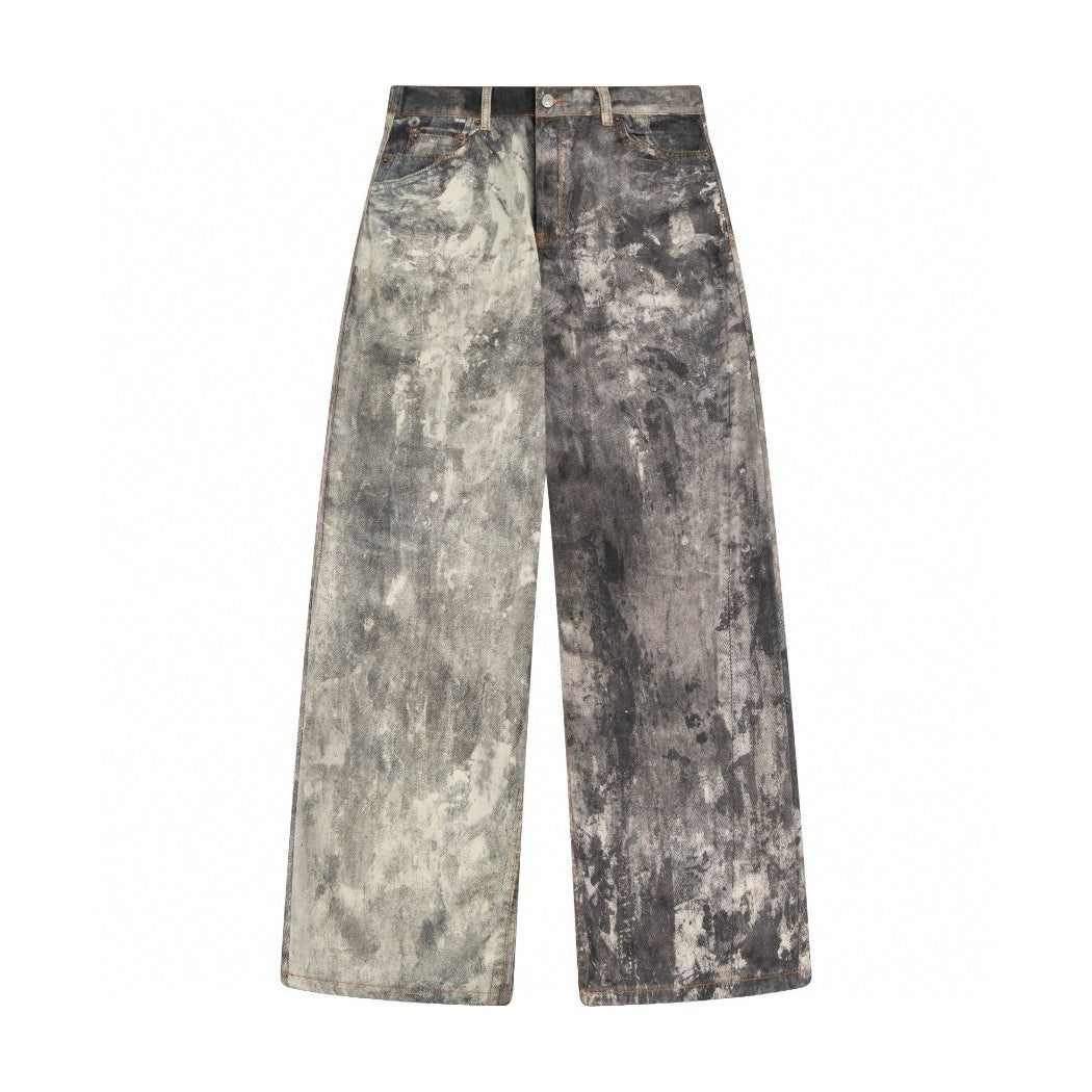 Acne Studios Men's Fall/Winter Ink Splash Print Low Rise Wide Leg Loose Button Jeans Pants #72142