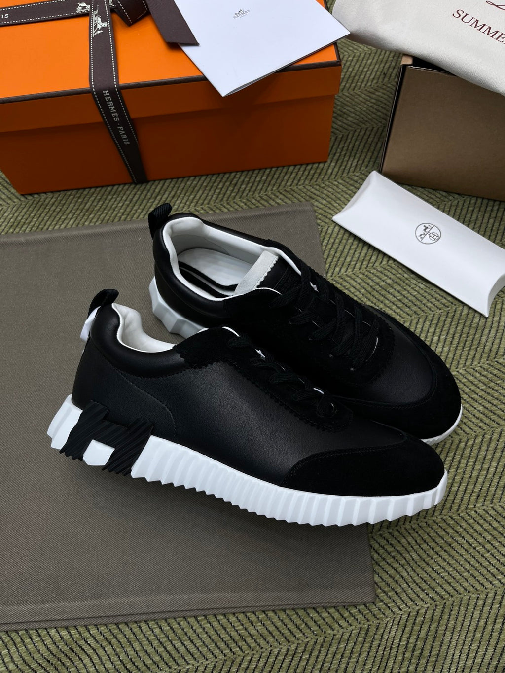 Hermes Bouncing Sneakers Men's Solid Color Leather and Suede Mesh Low-Top Lace-Up Shoes #81413