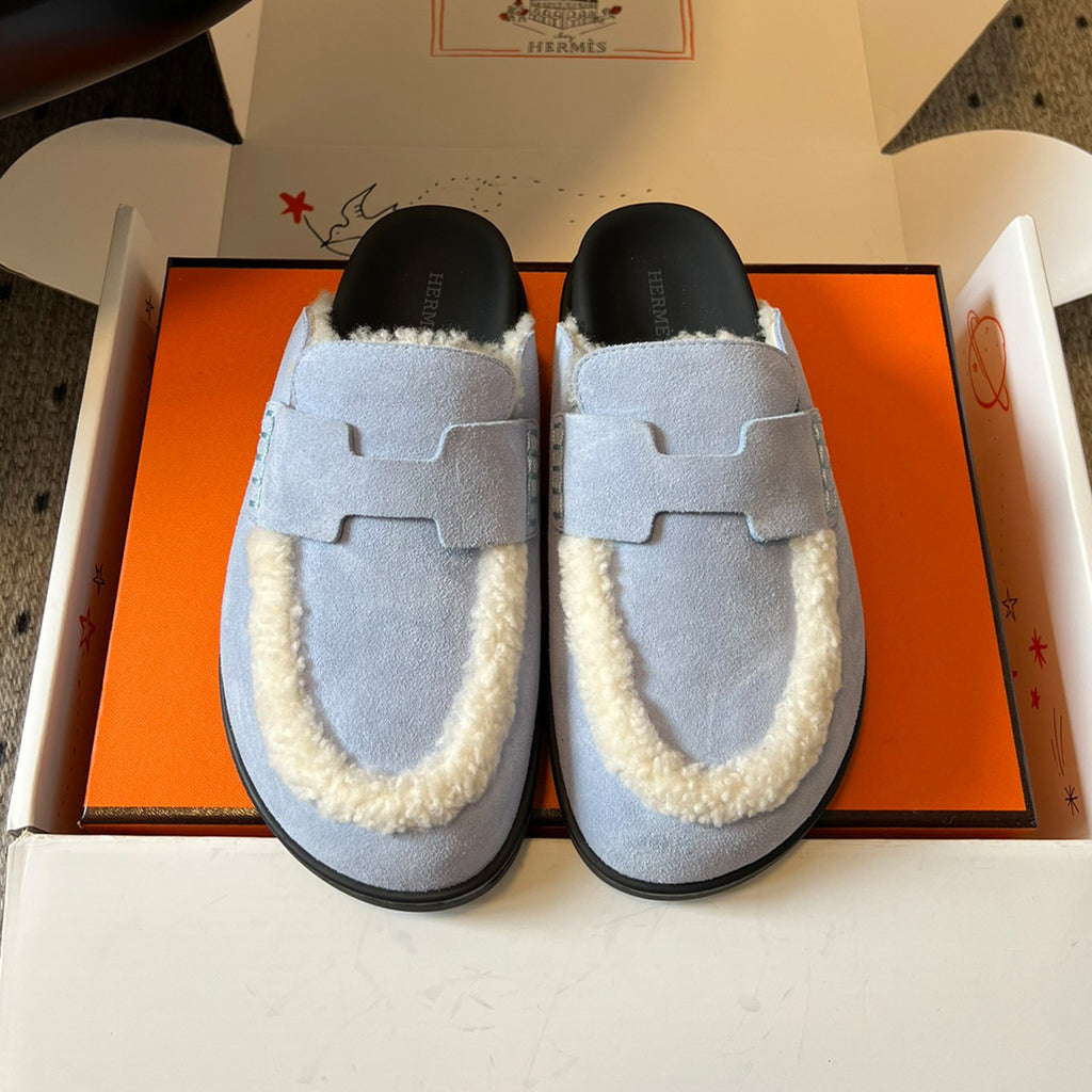 Hermes Men's And Women's Winter Boken Shoes Round Toe Flat Heel Slippers Solid Color Suede Mule Go Shoes #81519