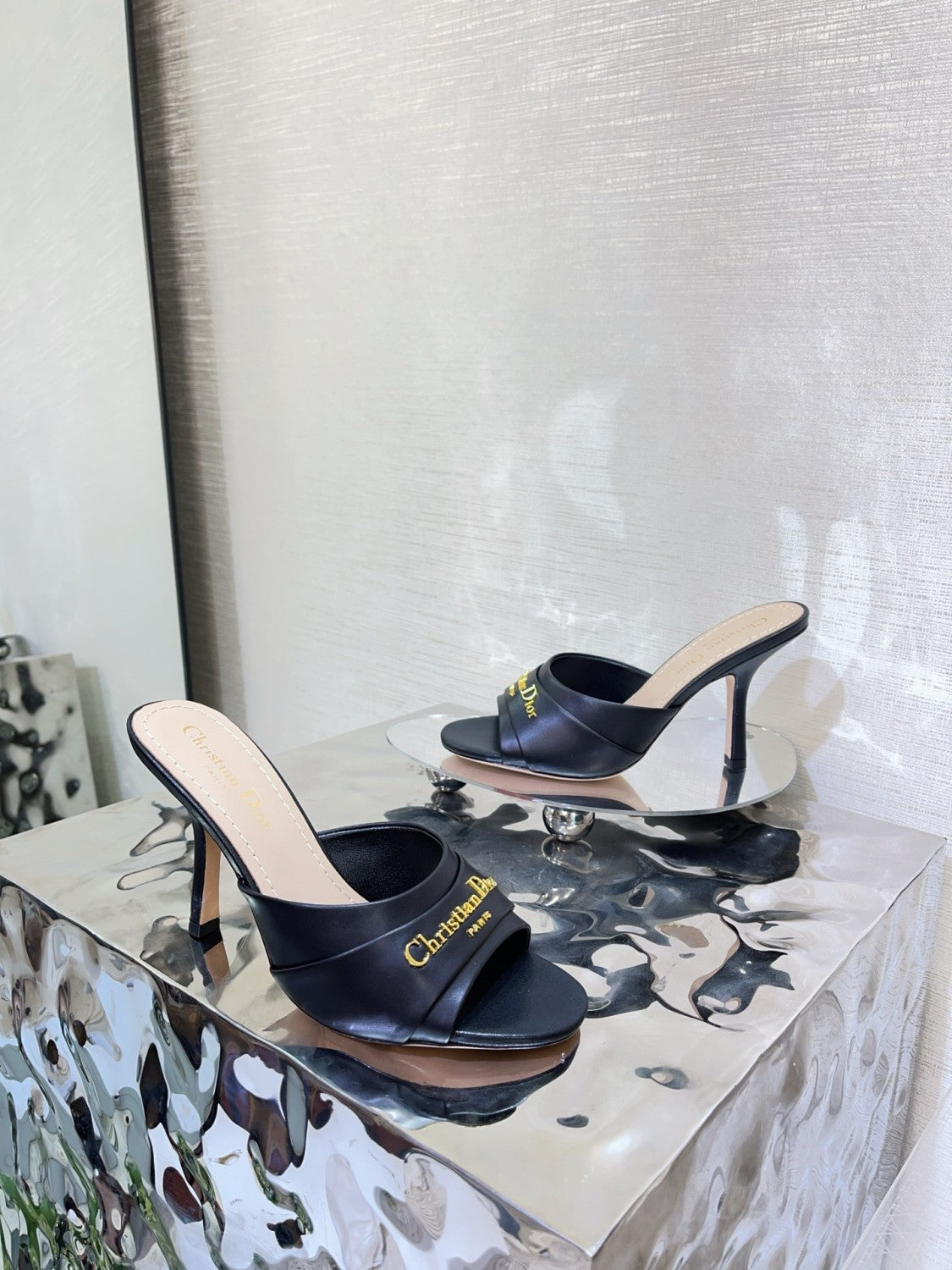 My Dior Heeled Slide Women's Summer Gold Letter Print Solid Color Leather 10cm High Heel Sandals Shoes #77216