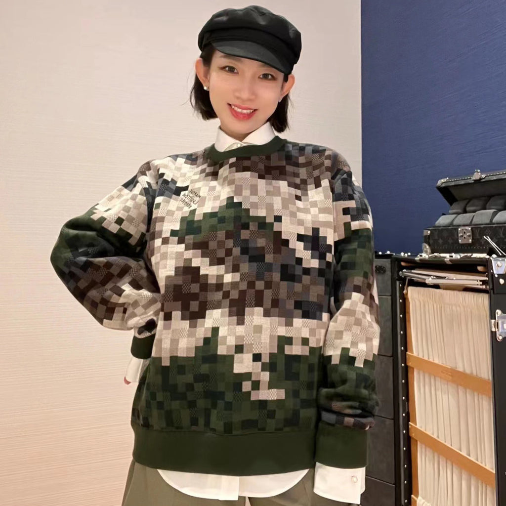Louis Vuitton Co-ed Autumn/Winter Camouflage Green Checkerboard Wool Knit Sweater #97499