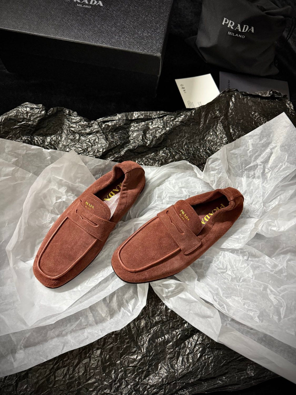 Prada Women's Solid Color Round Toe Slip-On Shiny Oiled Leather and Suede Casual Loafers Shoes #77758
