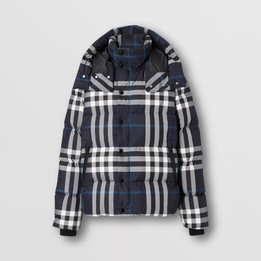 Burberry Men's Winter Fashion Casual High Tie Hood Windproof Single Breasted Detachable Hood Night Color Plaid Down Jacket #79373