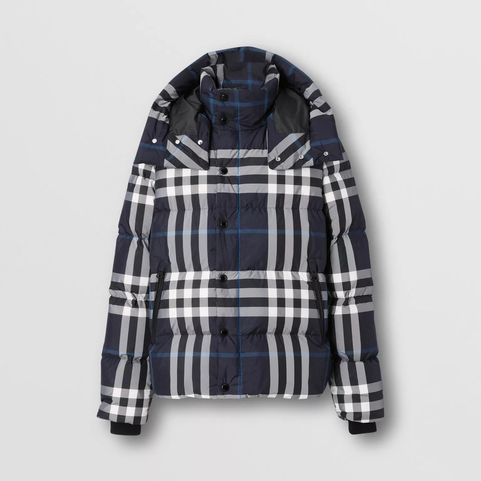 Burberry Men's Winter Fashion Casual High Tie Hood Windproof Single Breasted Detachable Hood Night Color Plaid Down Jacket #79373