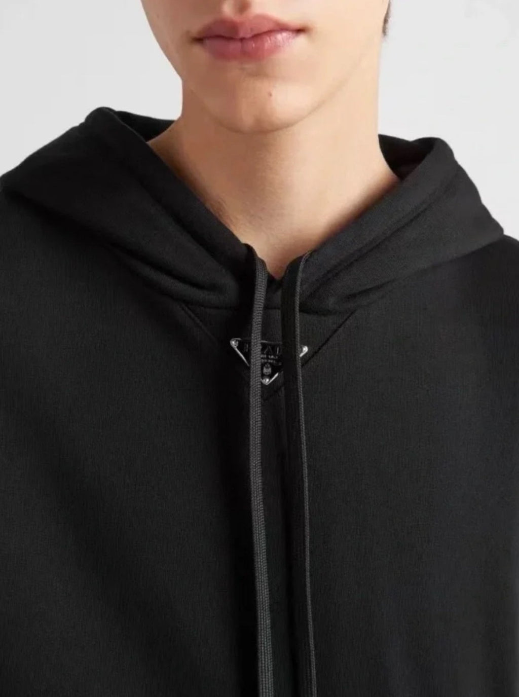 Prada Men's Spring and Fall Triangle Metal Label Black Cotton Hooded Drawstring Loose Sweatshirt Pullover #73284