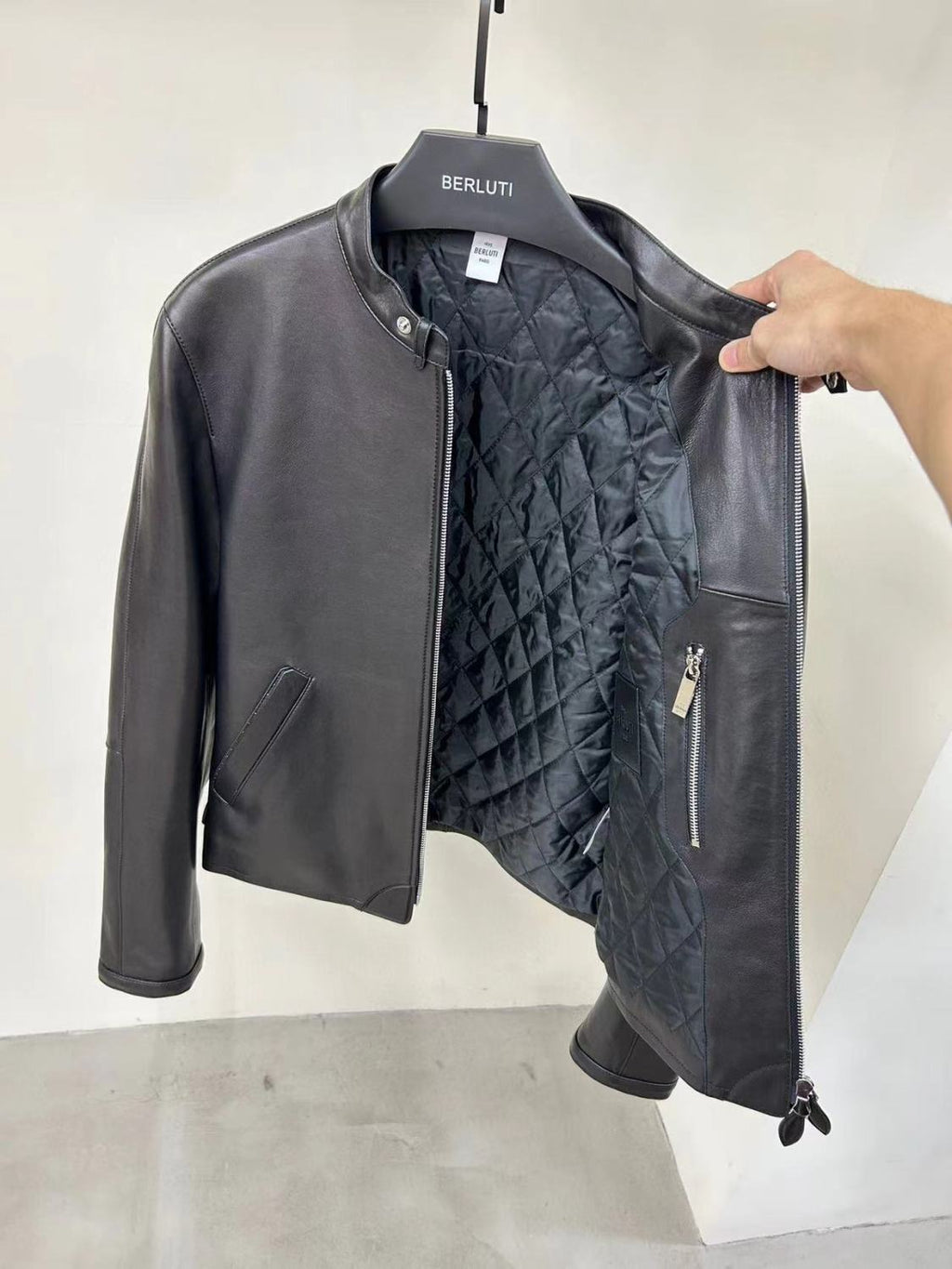 Berluti Men's Fall And Winter Collar Slim Biker Lambskin Leather Long Sleeve Jacket #98477