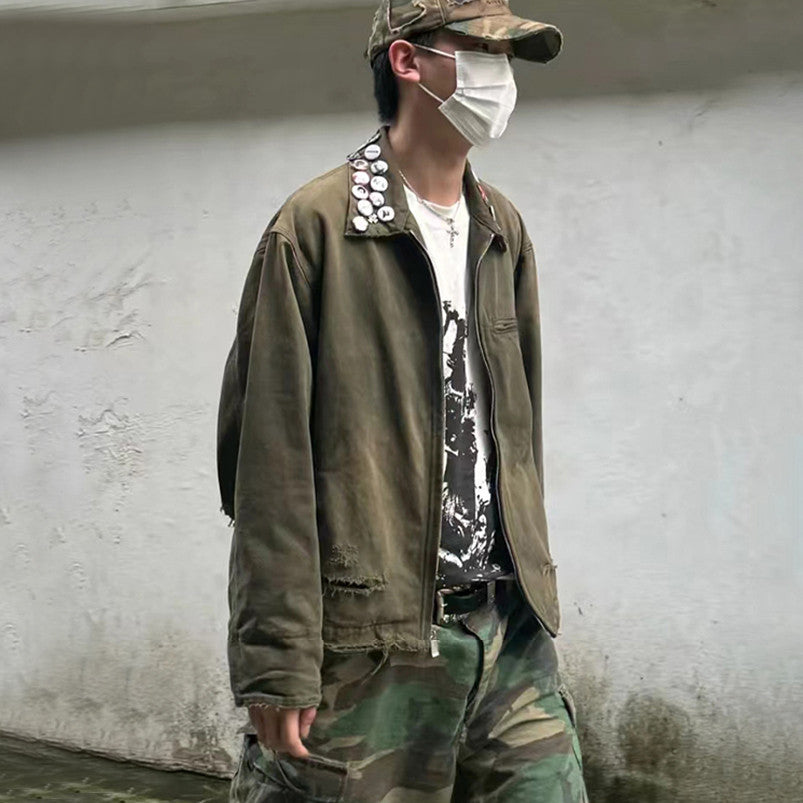 Enfants Riches Deprimes Men's Women's Spring And Autumn Lapel Faded Old Badge Solid Color Loose Long Sleeve Workwear Jacket Ngvp #9338