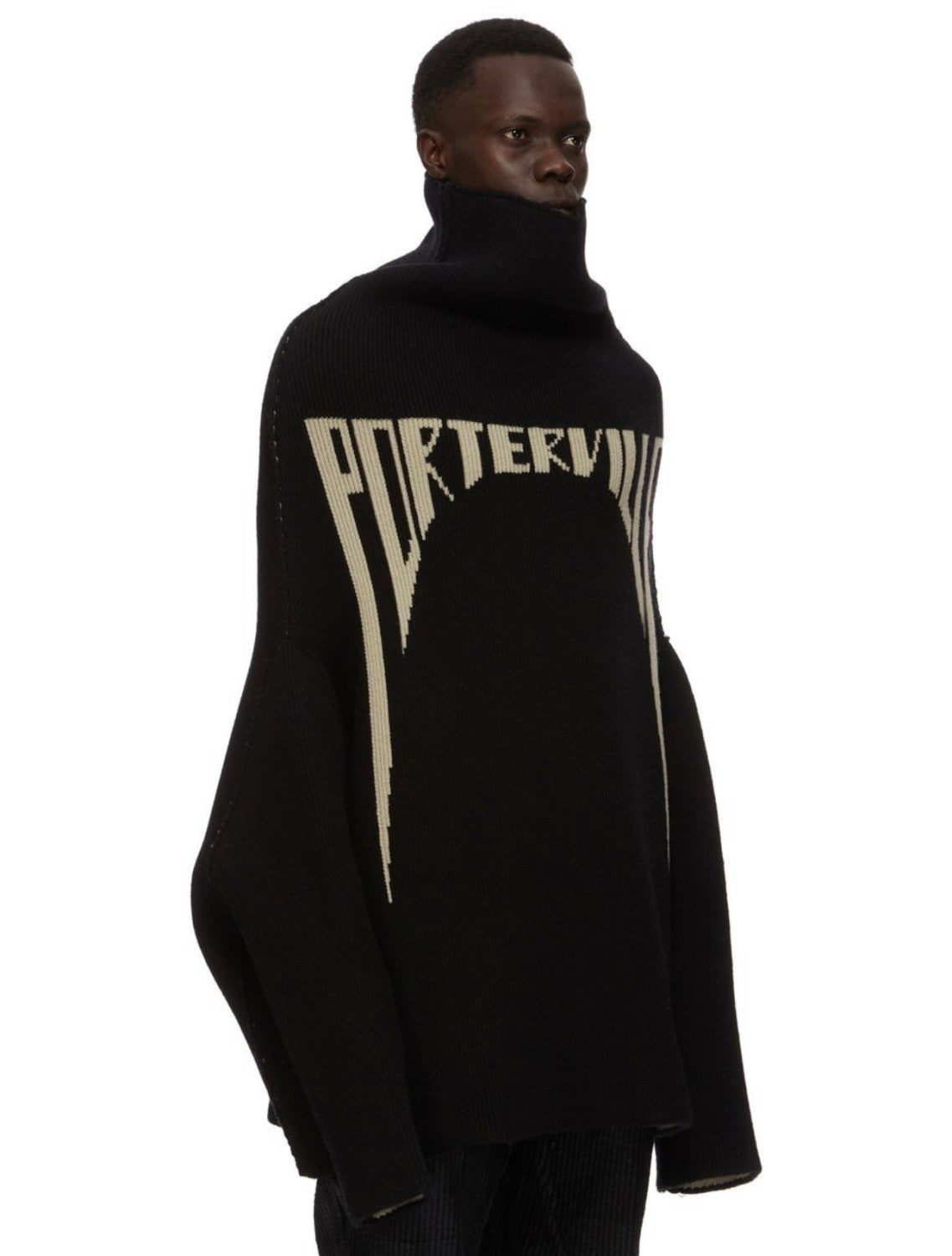 Rick Owens Men's High Neck Letters Jacquard Knit Large Silhouette Casual Long Sleeve Black Sweater For Fall And Winter Ngvp #9431