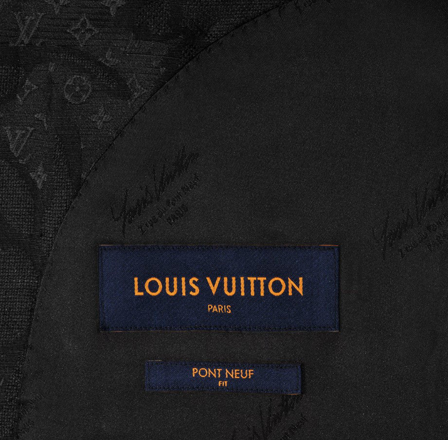 Louis Vuitton Men's Black Full Logo Printed Single Breasted Cotton Long Sleeve Jacket Coat Blazer Pants Suit Set #98784
