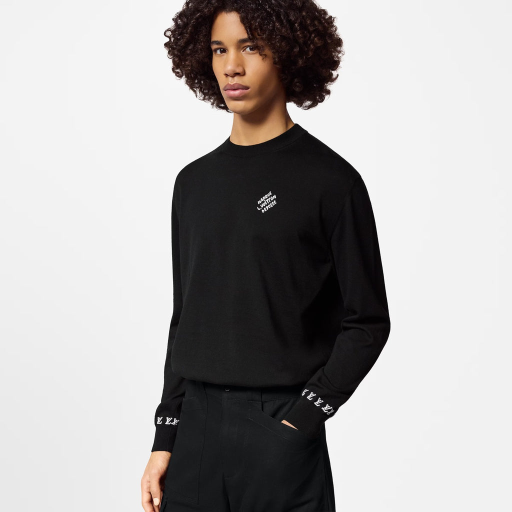 Louis Vuitton Men's Spring And Fall Logo Printed Crew Neck Black Cotton Long Sleeve Fitted Sweater #71473