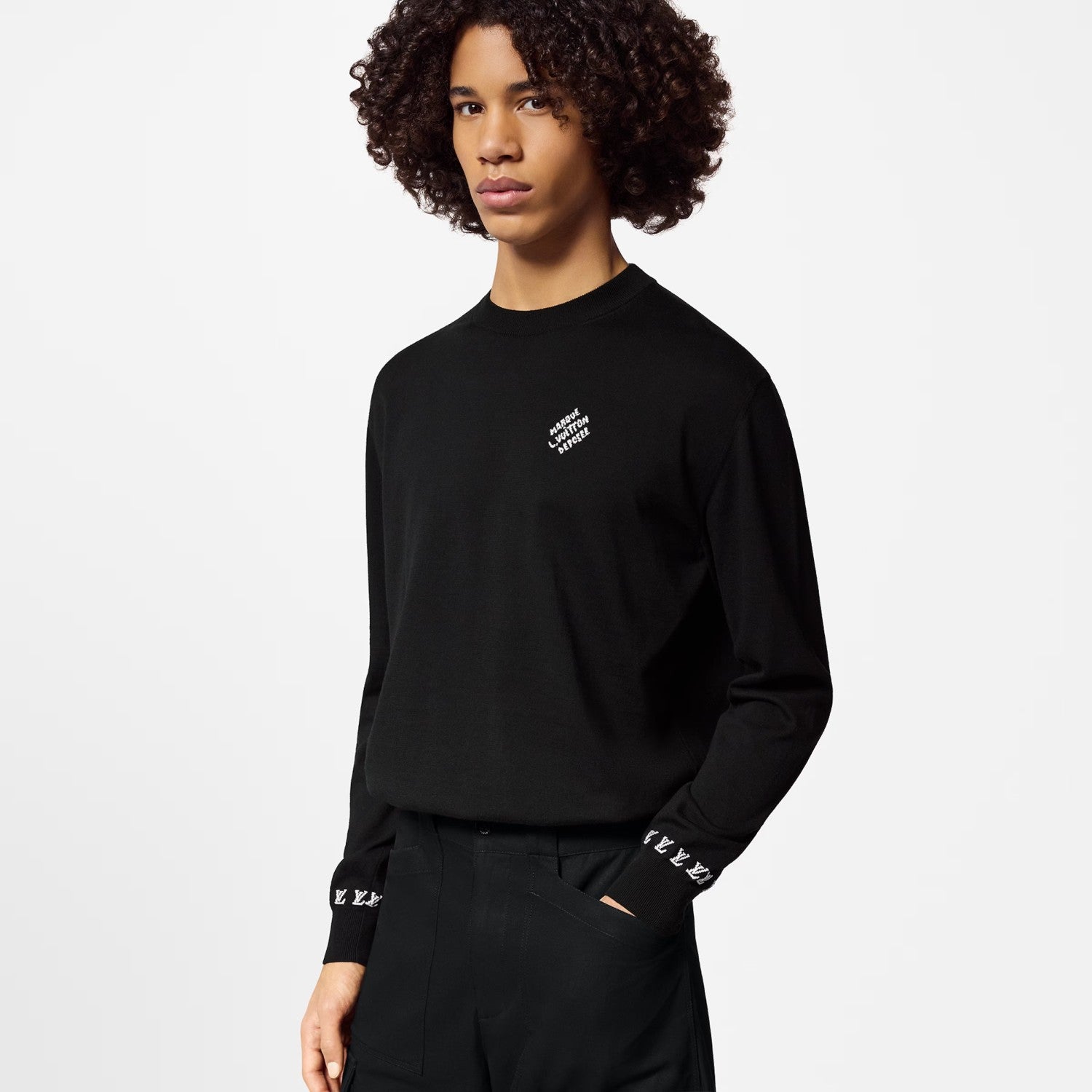 Louis Vuitton Men's Spring And Fall Logo Printed Crew Neck Black Cotton Long Sleeve Fitted Sweater #71473